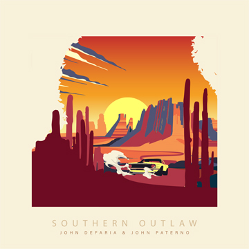 A desert-scape with a car in cartoon form speeding into the distance